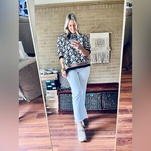 BiBi Black Floral Knit Top with Cream Print and Brown Trim